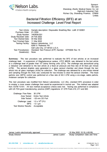 Bakterielle Filtrationseffizienz (BFE) auf erhöhtem Herausforderungsniveau, Abschlussbericht 1493638-S01_00