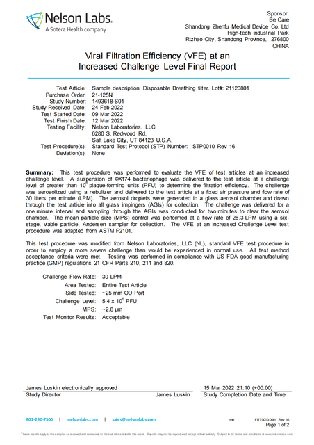 Virale Filtrationseffizienz (VFE) auf erhöhtem Herausforderungsniveau, Abschlussbericht 1493618-S01_00